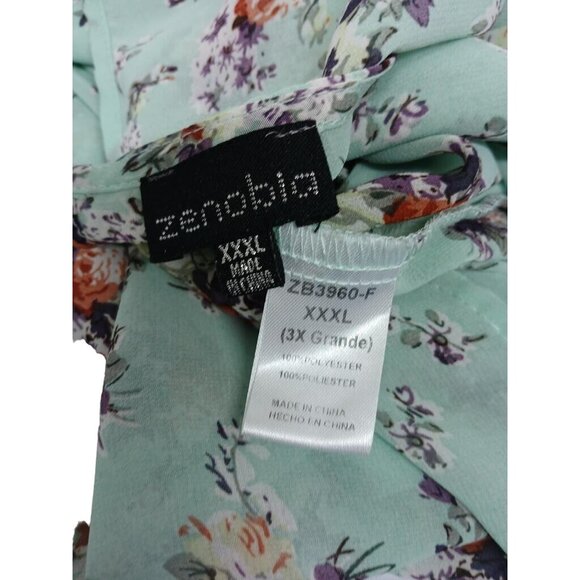Zenobia XXXL Floral Print Blouse Green & Multicolor Short Sleeve Polyester - Picture 2 of 6